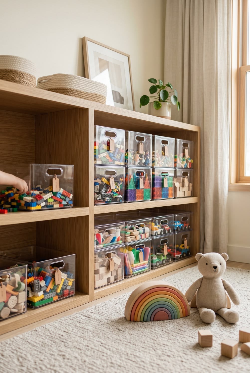Children's playroom with toys organised in clear labelled boxes
