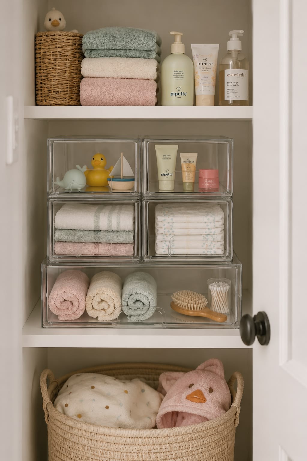 A neatly organised bathroom cabinet with folded towels, clear storage drawers and baby toiletries