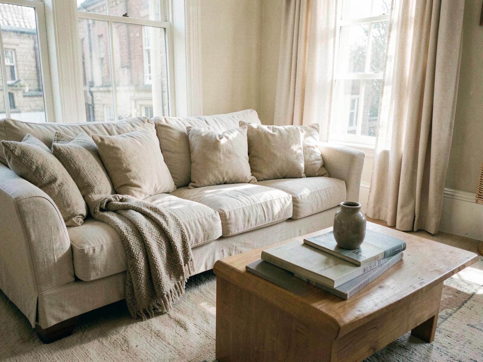 A bright, calmly organised living room with a neutral linen sofa in soft morning light